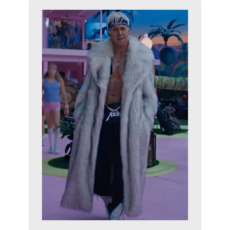 Ryan Gosling Barbie Movie 2023 Ken White Fur Long Coat