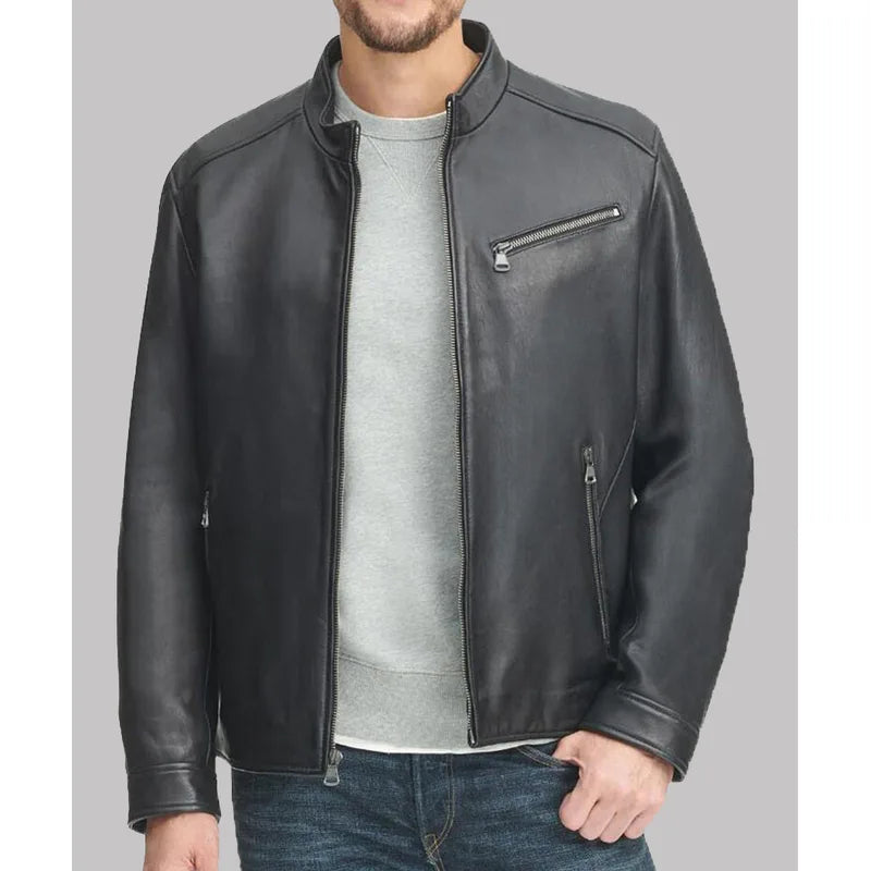 Black Leather Stand-up Collar Mens Jacket 