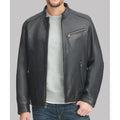 Black Leather Stand-up Collar Mens Jacket 