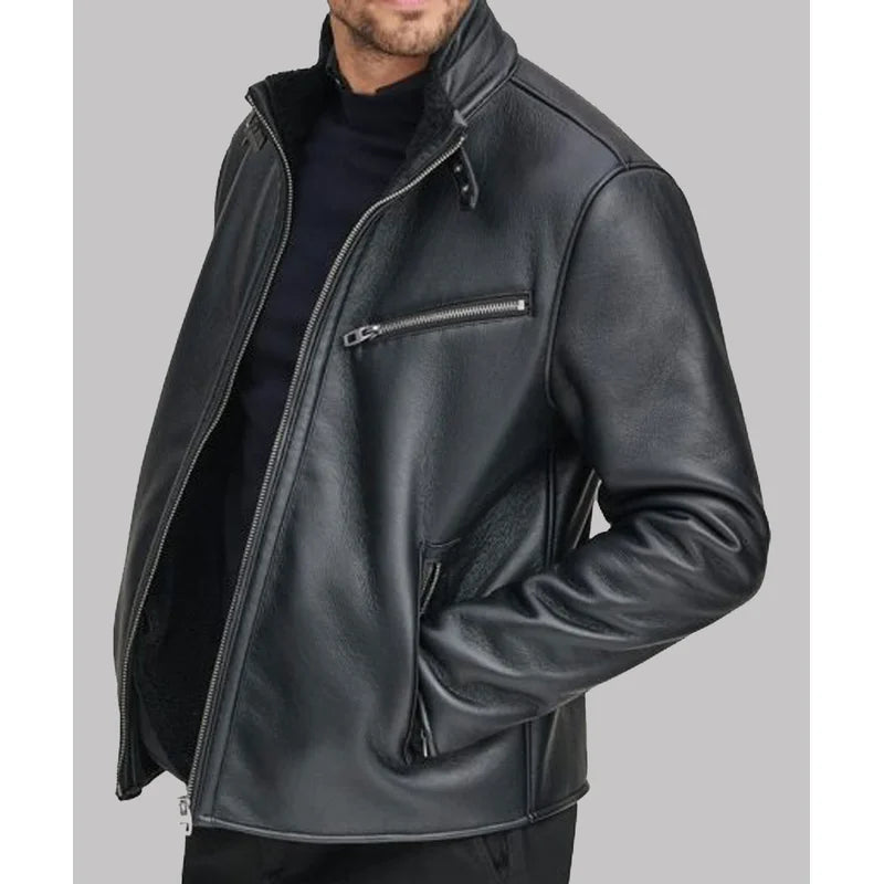Faux Shearling Black Geniune Leather Black Jacket