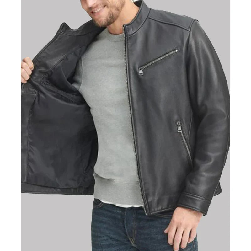 Black Leather Stand-up Collar Mens Jacket 