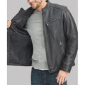 Black Leather Stand-up Collar Mens Jacket 