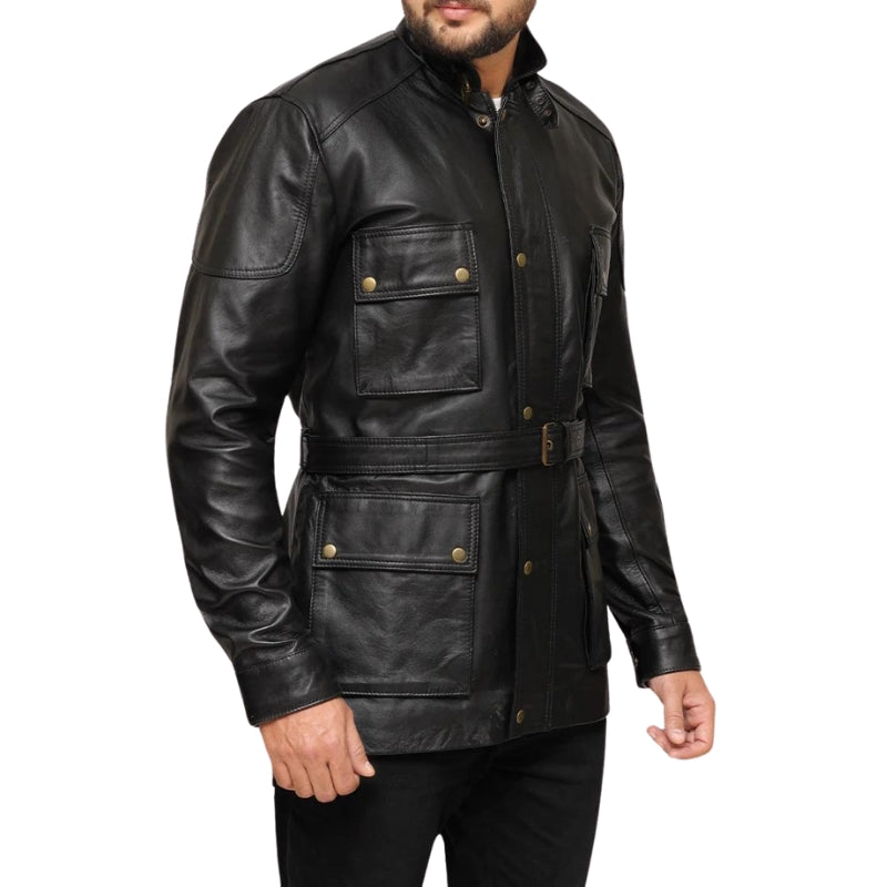Black Leather Belted Jacket