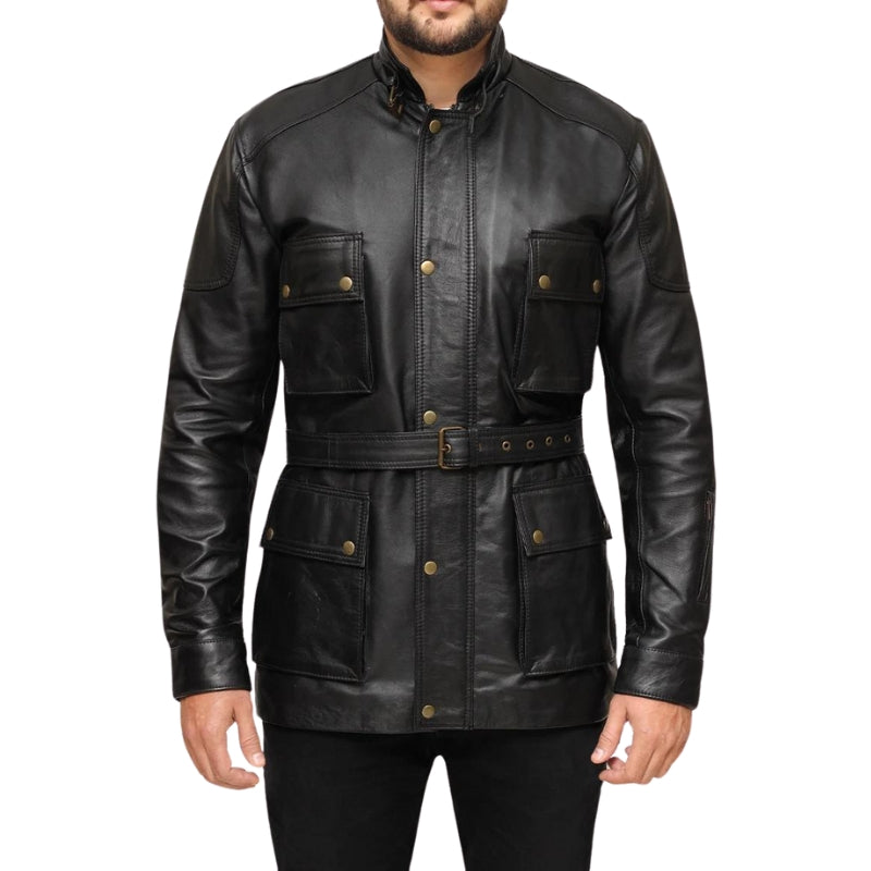 Black Leather Belted Jacket