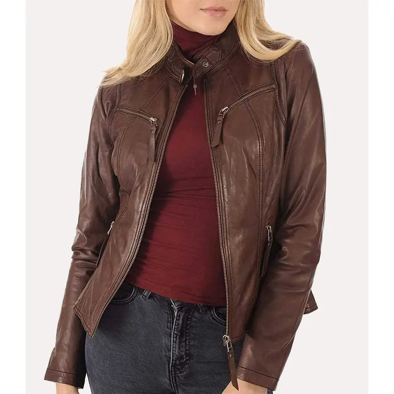 Brown Leather Women Cafe Racer Jacket