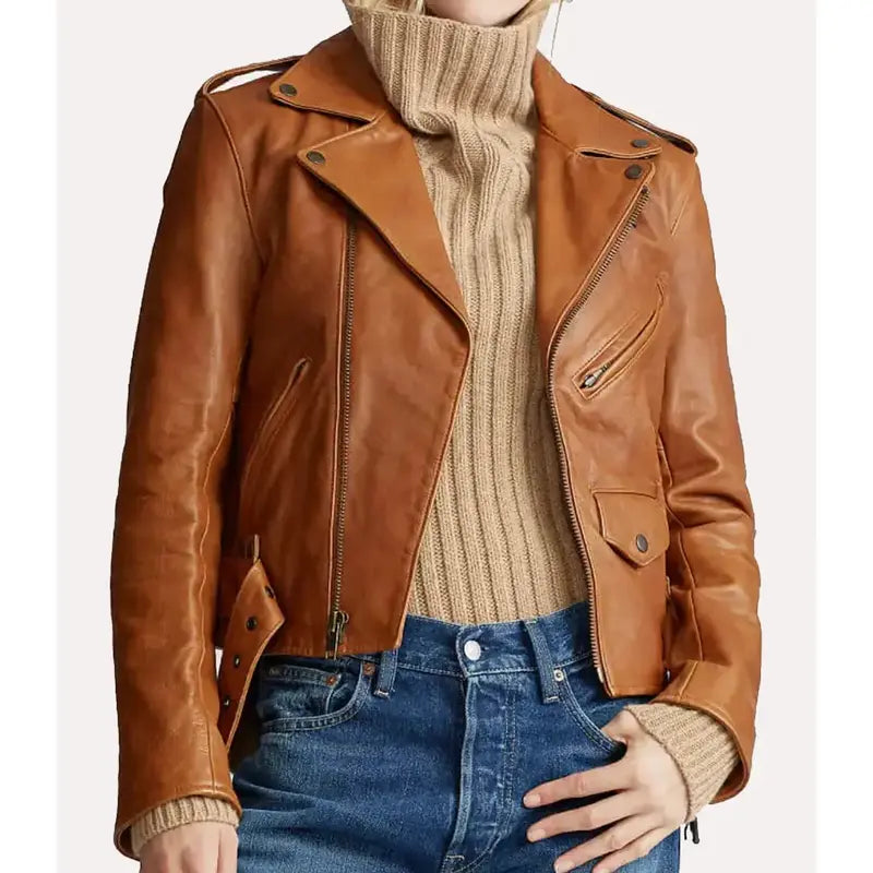 Camel Brown Leather Jacket For Women