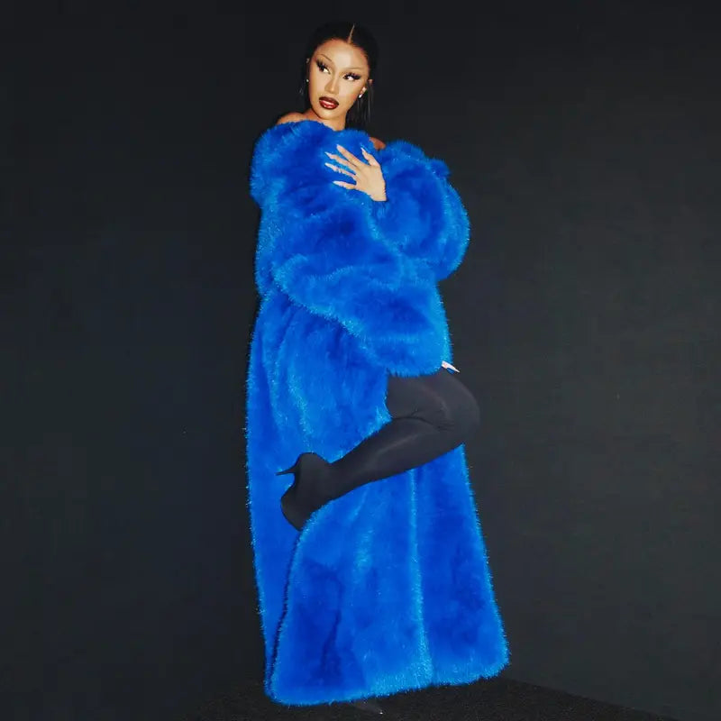 Cardi B Blue Fur Coat