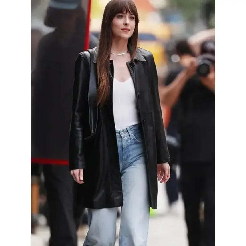 Dakota Johnson Materialists 2024 Black Leather Coat