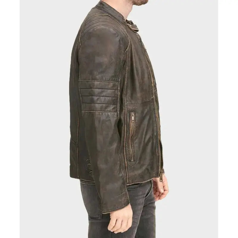 Distressed Cafe Racer Leather Brown Jacket
