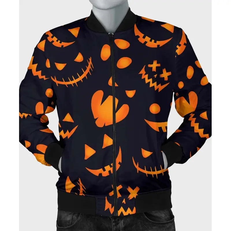 Halloween Pumpkins Pattern Black Cotton Bomber Jacket