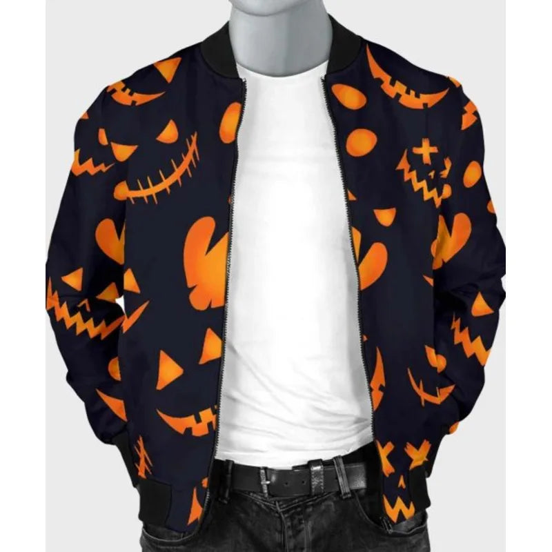 Halloween Pumpkins Pattern Black Cotton Bomber Jacket