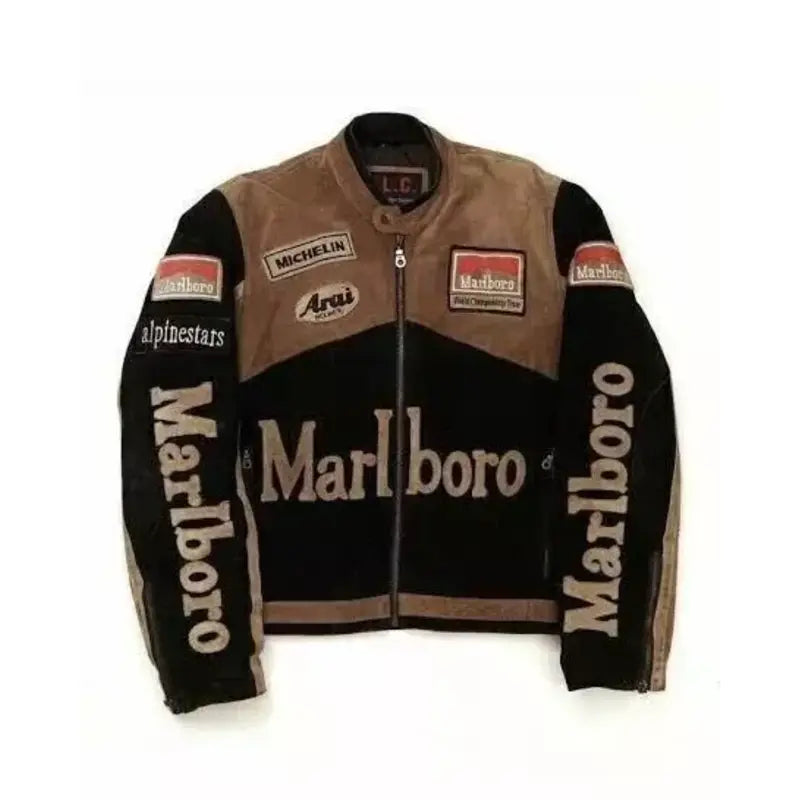 Marlboro Black and Brwon Leather Moto Jacket