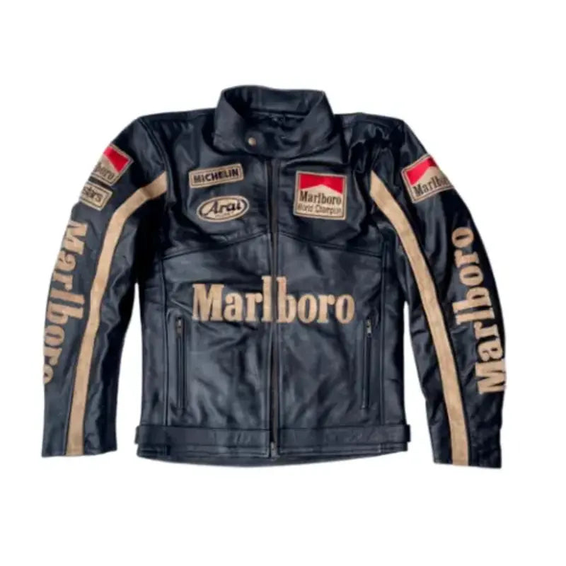 Marlboro Black and Golden Leather Moto Jacket