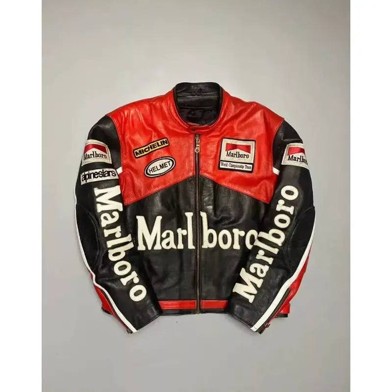 Marlboro Black and Red Leather Moto Jacket