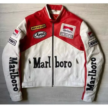 Marlboro White and Red Leather Moto Jacket