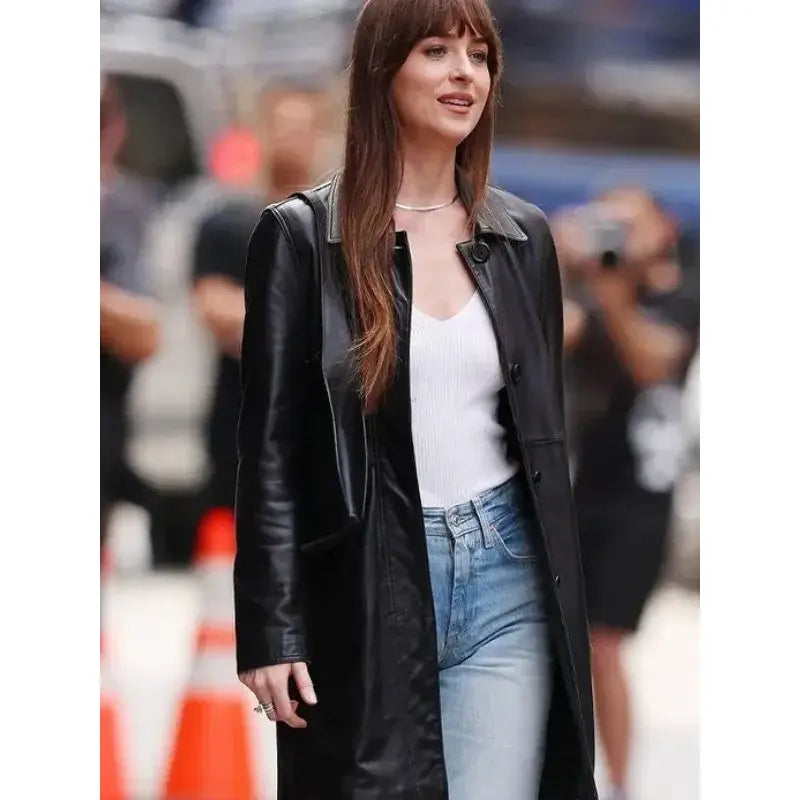 Dakota Johnson Materialists 2024 Black Leather Coat