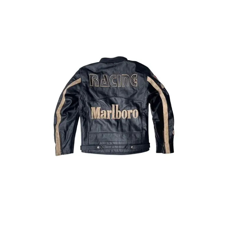 Marlboro Black and Golden Leather Moto Jacket