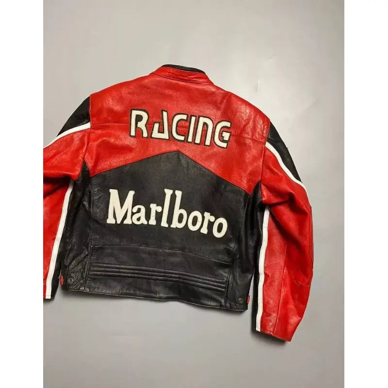 Marlboro Black and Red Leather Moto Jacket