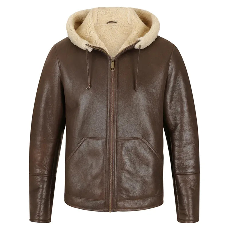 Hooded Brown Shearling Leather Men's Jacket