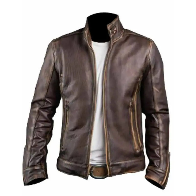 Men’s Cafe Racer Distressed Leather Brown Jacket