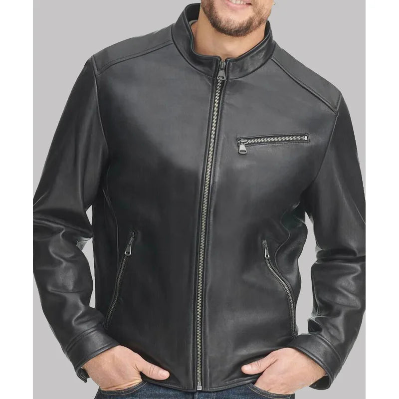 Black Leather Stand-up Collar Mens Jacket 