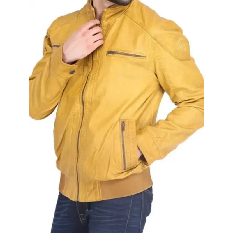 Quilted Yellow Leather Jacket For Men's