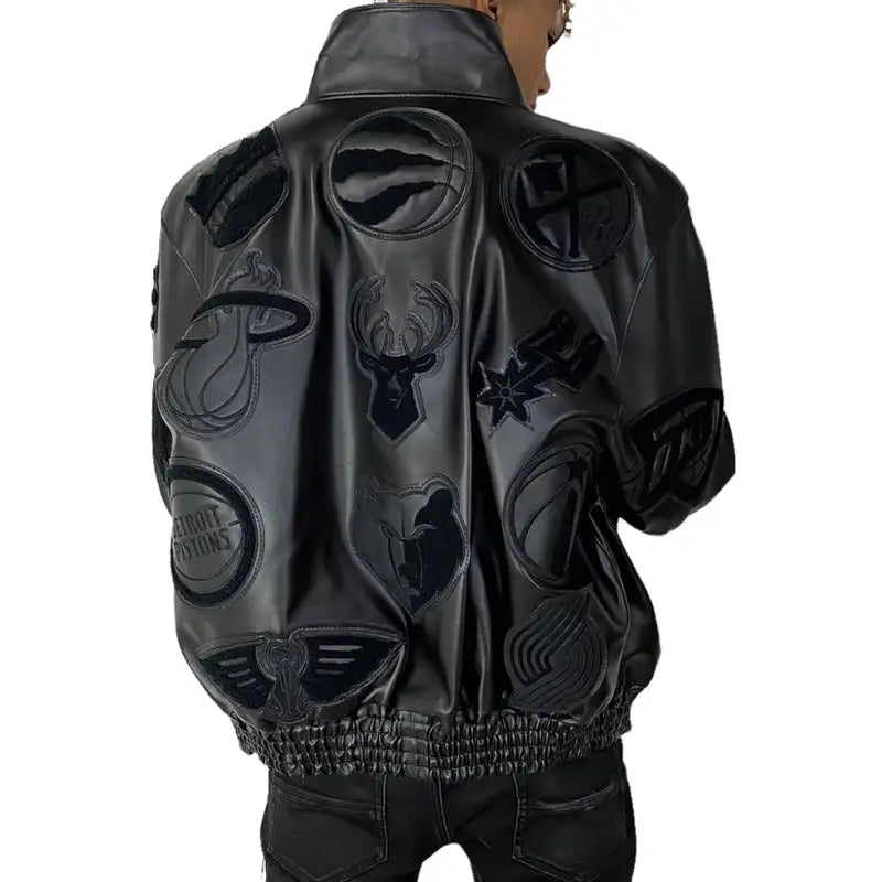 NBA Collage All Black Leather Varsity Jacket