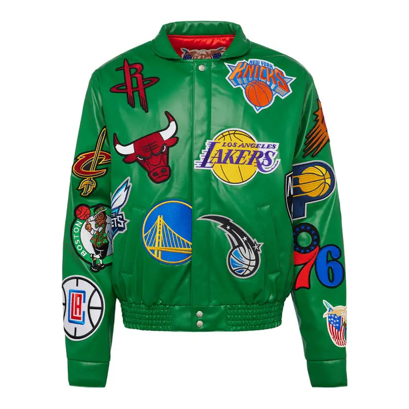NBA Collage Kelly Green Leather Varsity Jacket