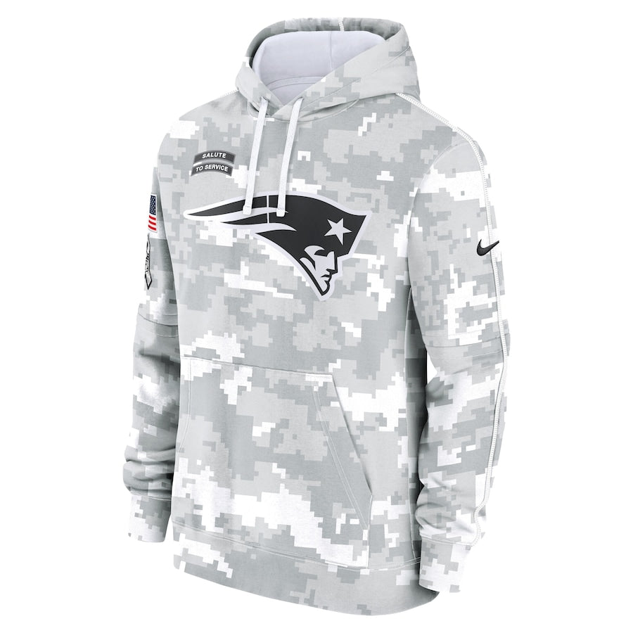 NFL New England Patriots Nike Arctic Camo Salute to Service Club 2024 Pullover Hoodie