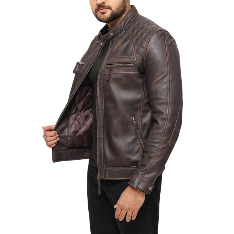 Men's Quilted Distressed Leather Jacket