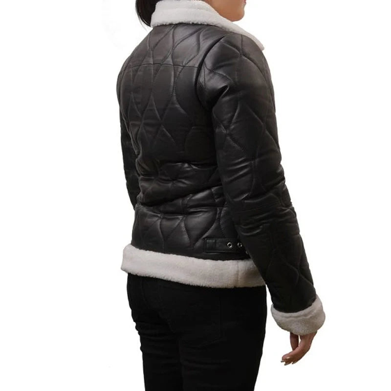 Quilted Style Black Shearling Leather Jacket