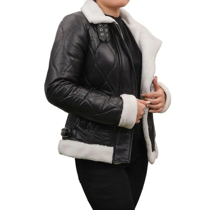 Quilted Style Black Shearling Leather Jacket