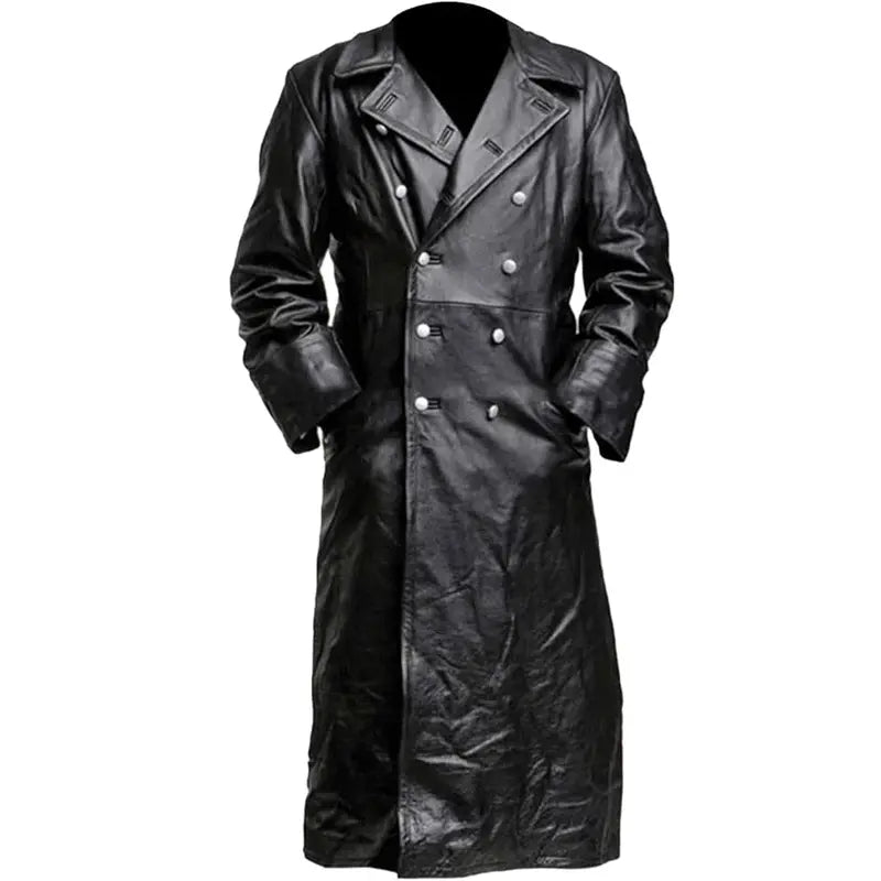 WW2 German Officer Black Leather Trench Coat