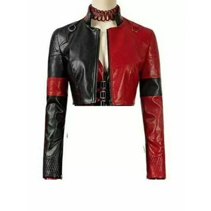 Halloween Style Black and Red Crop Leather Jacket For Women