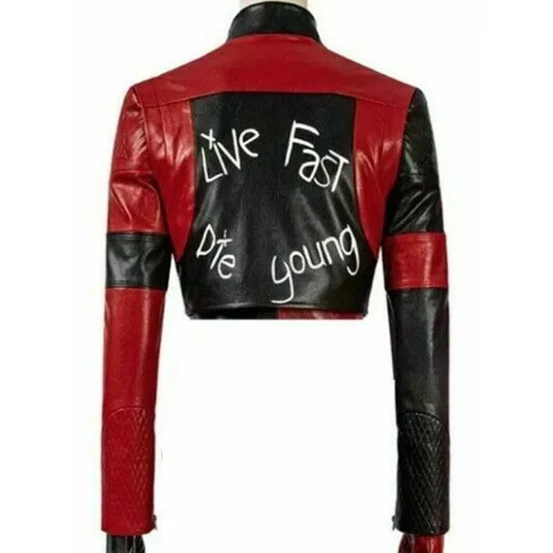 Halloween Style Black and Red Crop Leather Jacket For Women