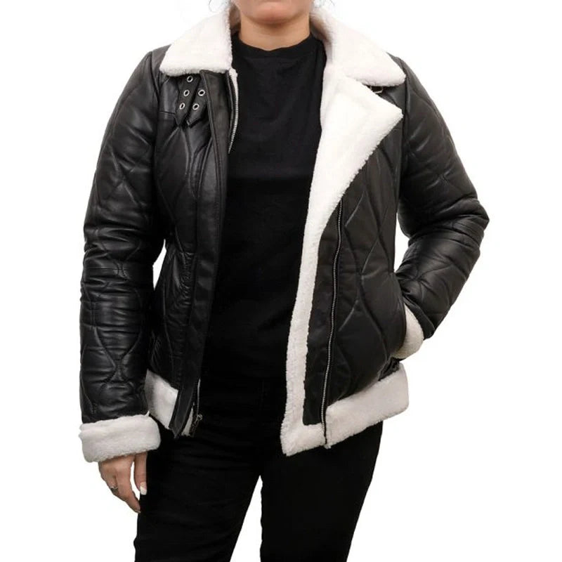 Quilted Style Black Shearling Leather Jacket