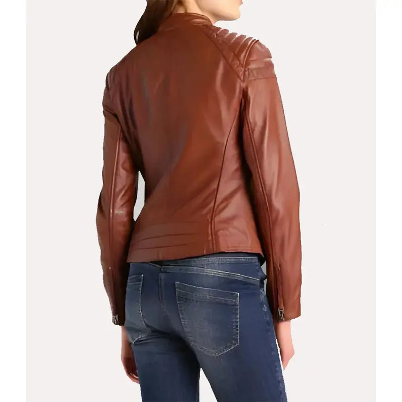 Women Brown Slim Fit Genuine Leather Jacket