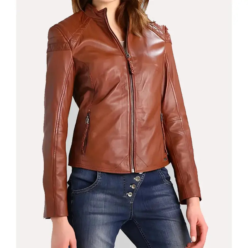 Women Brown Slim Fit Genuine Leather Jacket