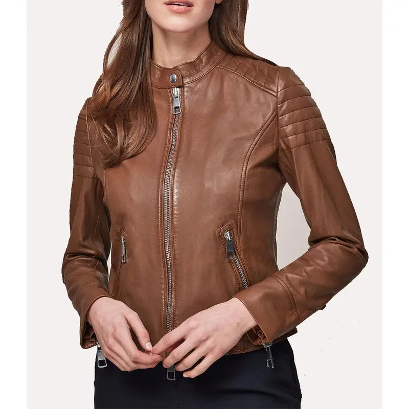 Women Brown Cafe Racer Leather Jacket