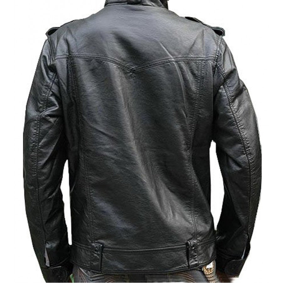 Banded Collar Black Leather Motorcycle Jacket for Men