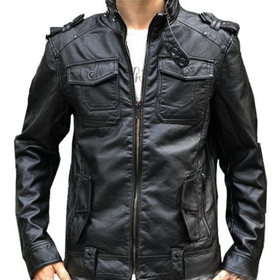 Banded Collar Black Leather Motorcycle Jacket for Men