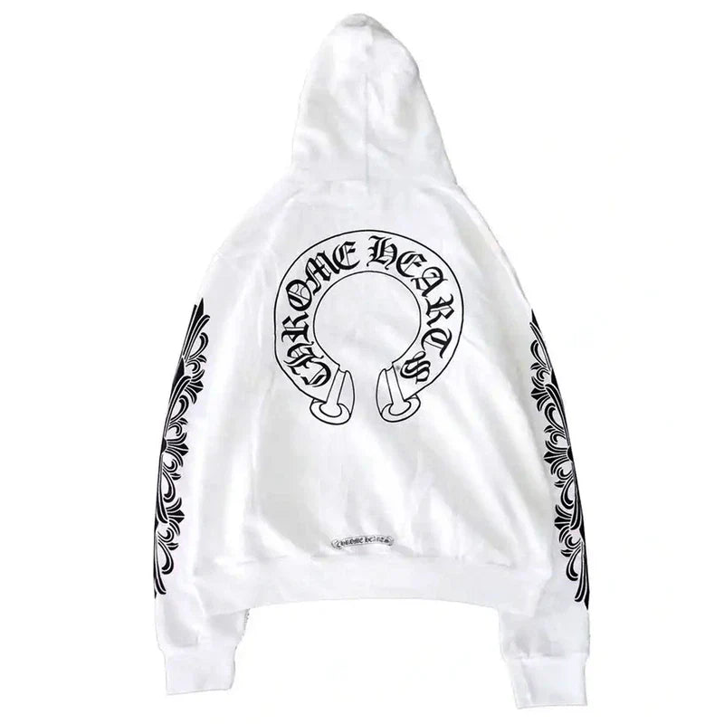 Floral Cross Horseshoe Chrome Heart White Hoodie