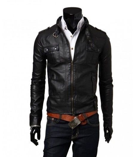 Biker Style Mens Slim Fit Black Leather Jacket